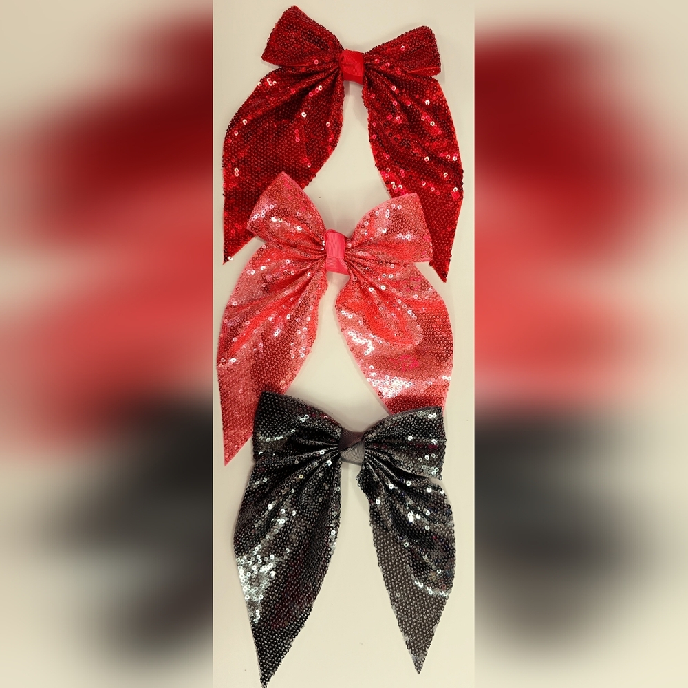 Set of Three Sequin Hair Bows - Red, Pink, Black